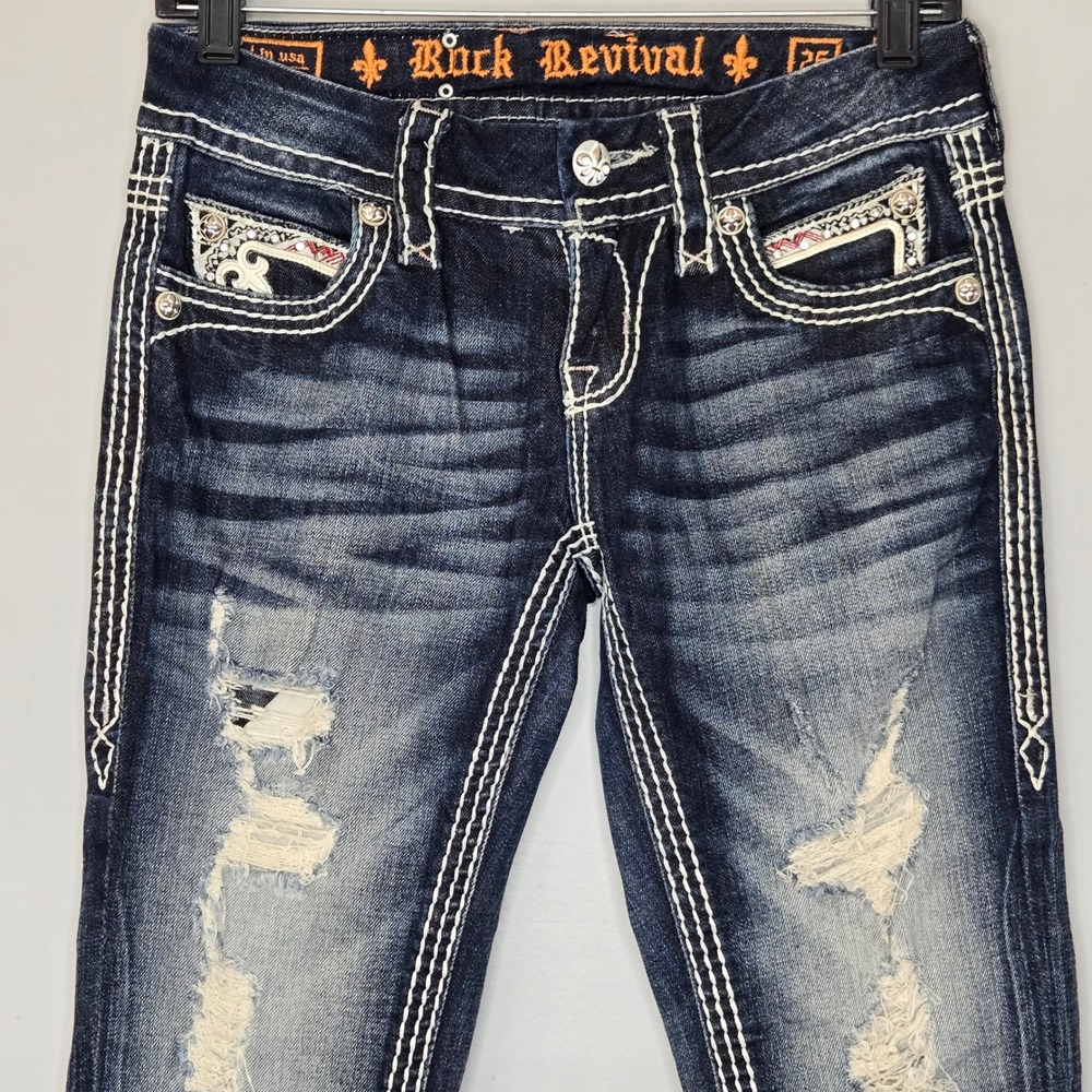 Rock Revival Womens Noelle‎ Capri distressed Jeans Dark Wash Embellished Sz 25 - Picture 2 of 14